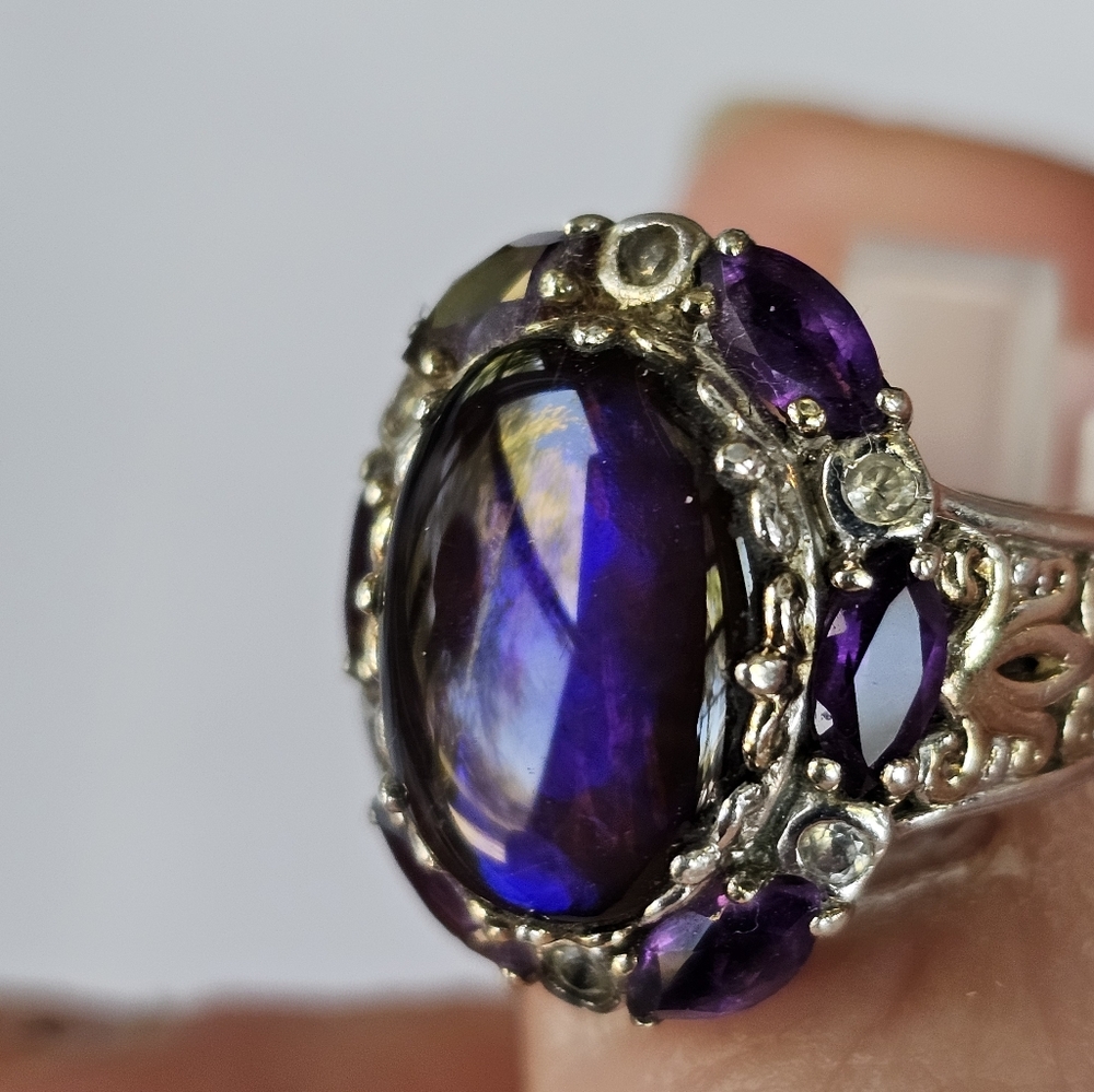 Vintage ✨️ Ammolite & Amethyst Ring in Palladium Sterling Silver Sz 6! - Picture 5 of 12